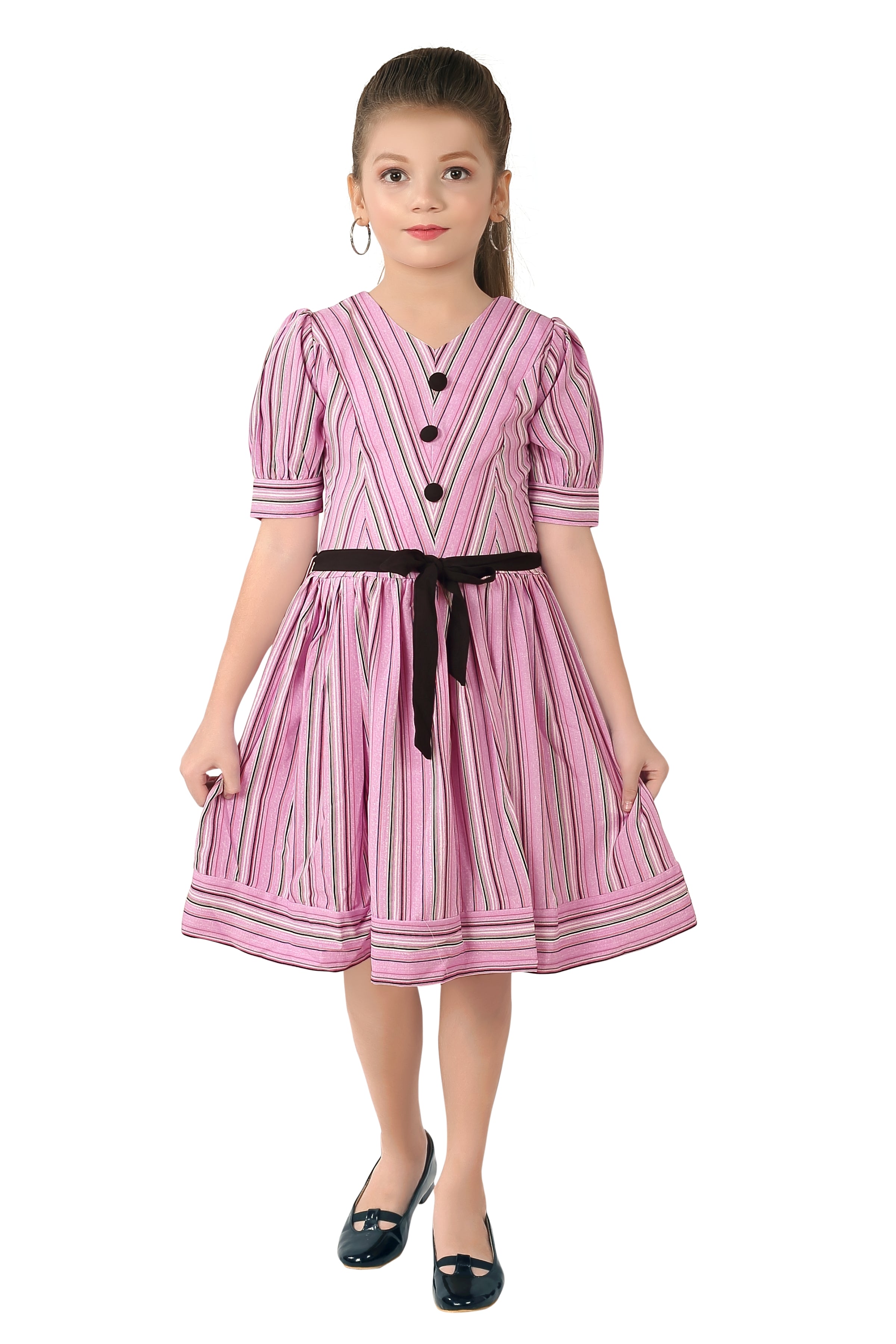 Tiny Girl Round Neck Half Puff Sleeve Strip Print Knee Length Midi Dress