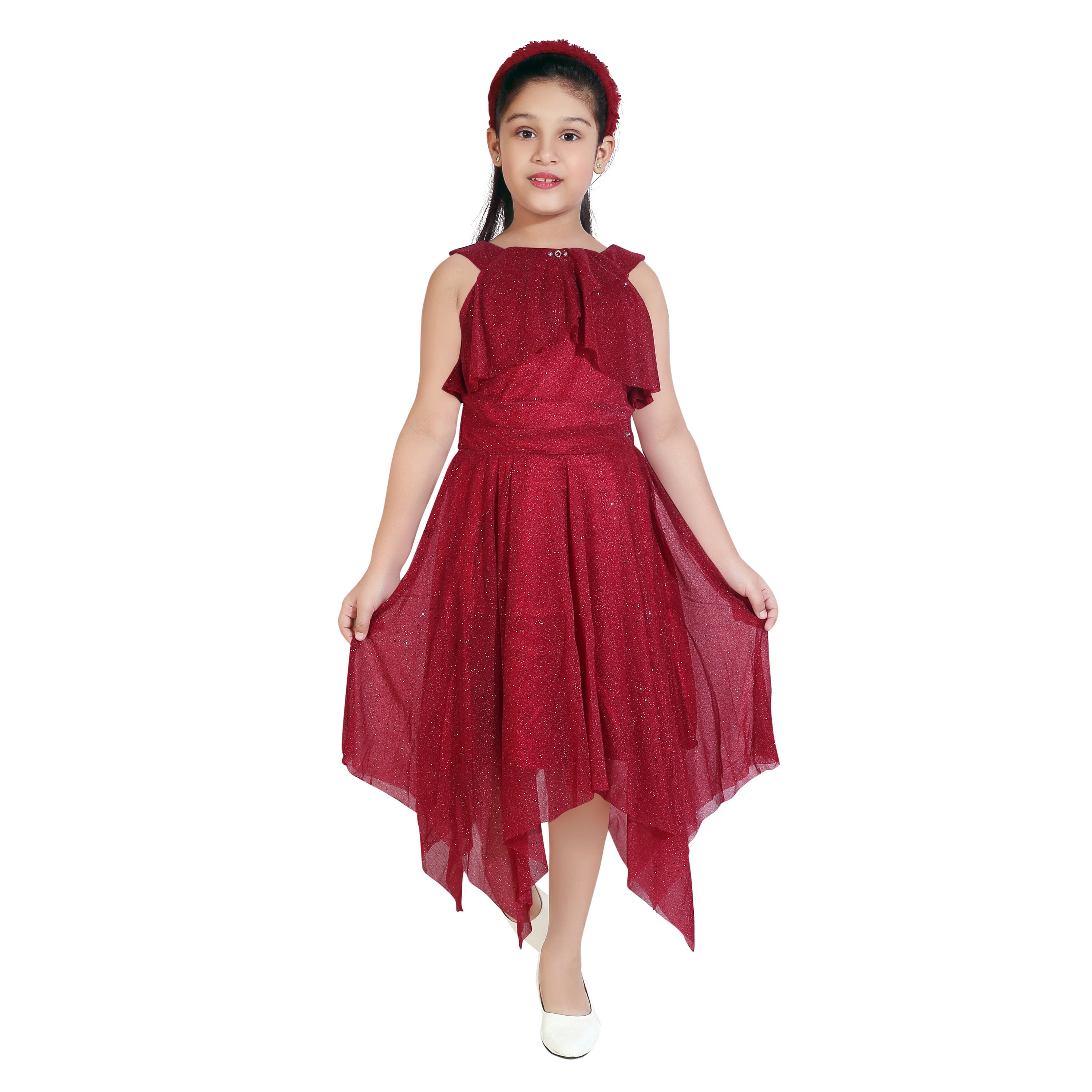 Shimmer Handkerchief Cut Middi With Pleats And Double Layering Body.