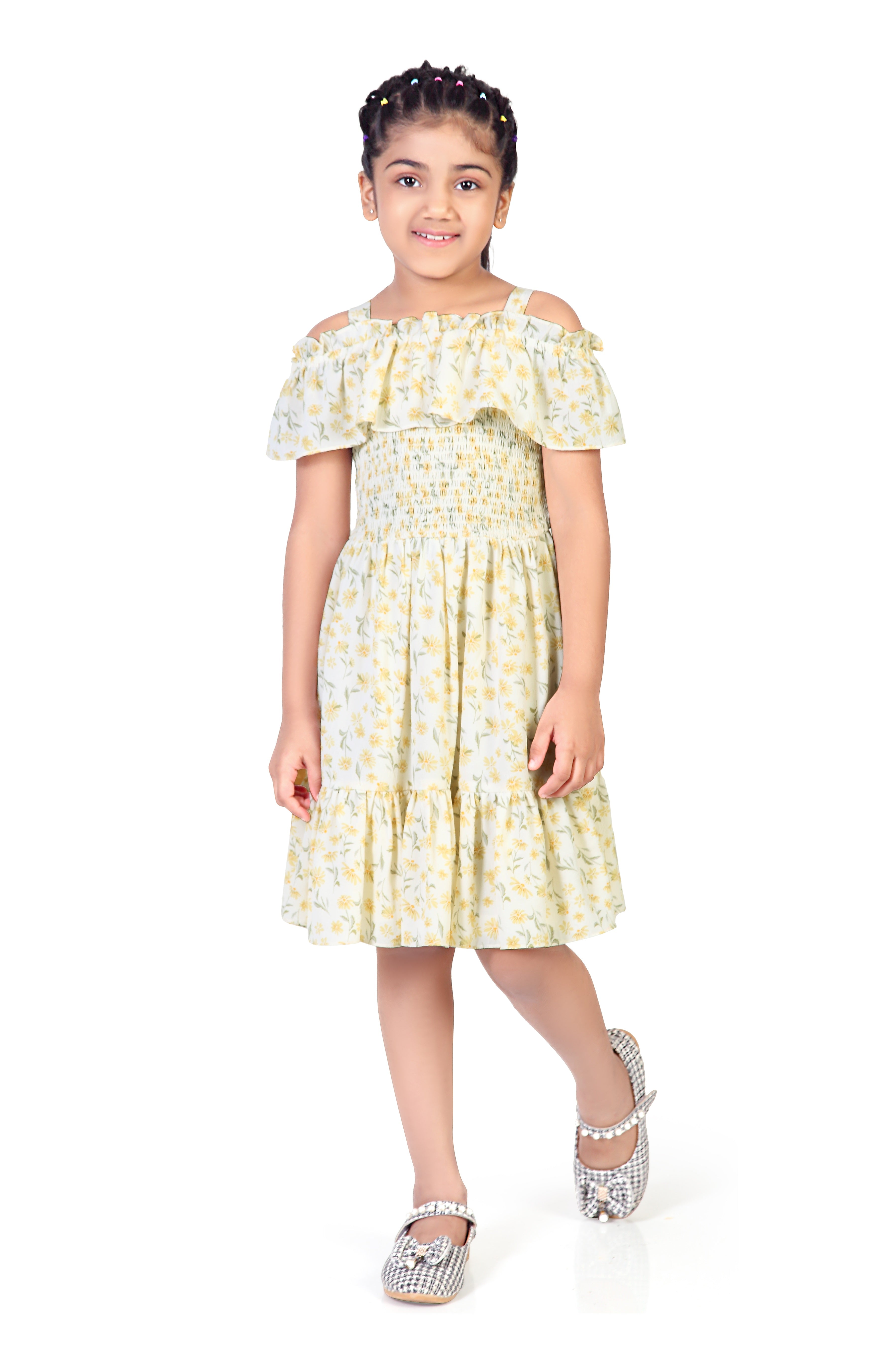 Floral Printed Off-Shoulder Midi with Smocked Waist & Frilled Flare