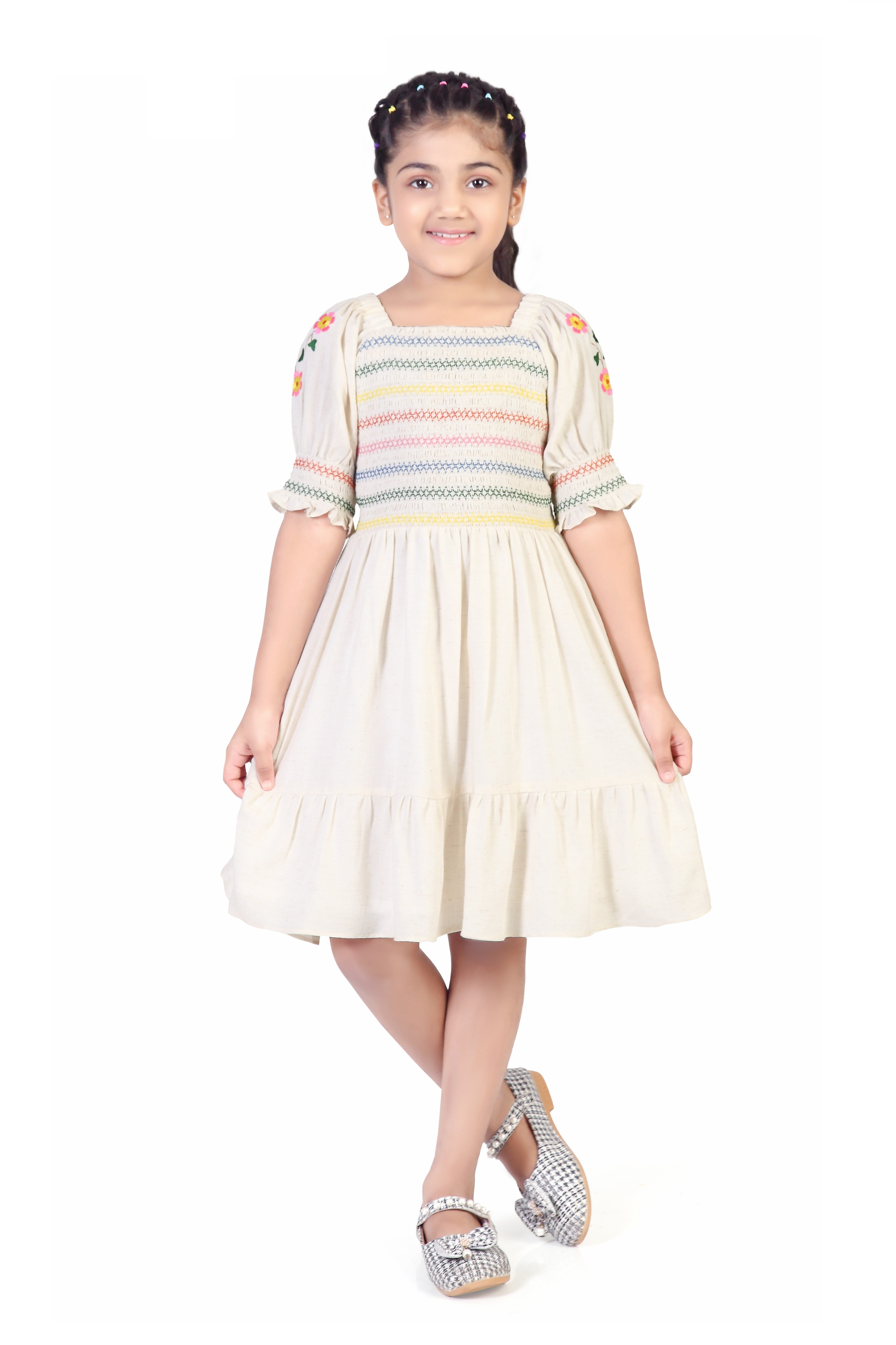 Cotton Linen Square Neck Smocked Midi with Embroidered Puff Sleeves