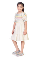 Cotton Linen Square Neck Smocked Midi with Embroidered Puff Sleeves