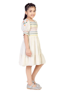 Cotton Linen Square Neck Smocked Midi with Embroidered Puff Sleeves