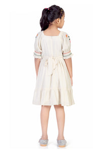 Cotton Linen Square Neck Smocked Midi with Embroidered Puff Sleeves