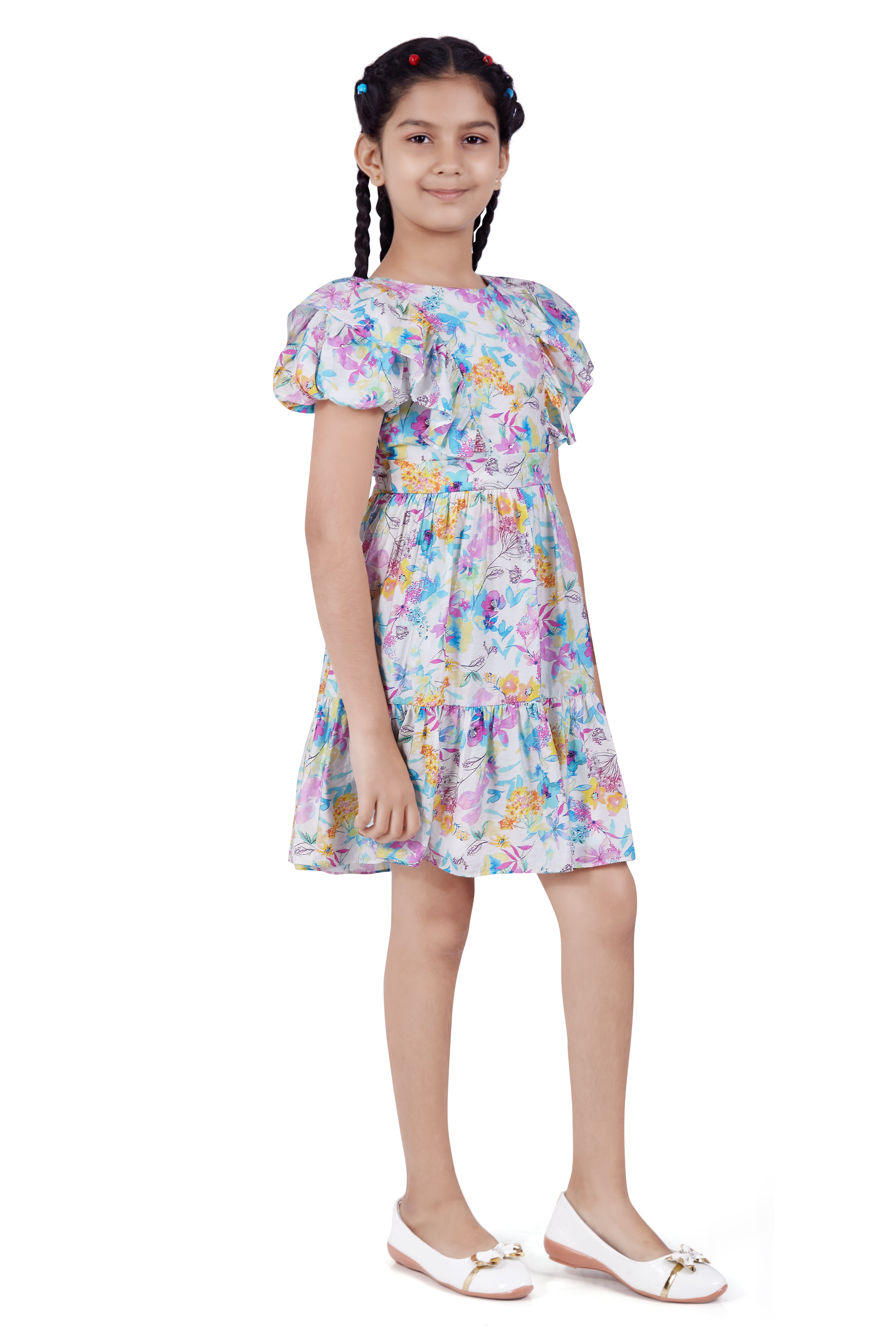 Boat Neck Midi with Front Frill and Balloon Sleeves with Fixed Belt