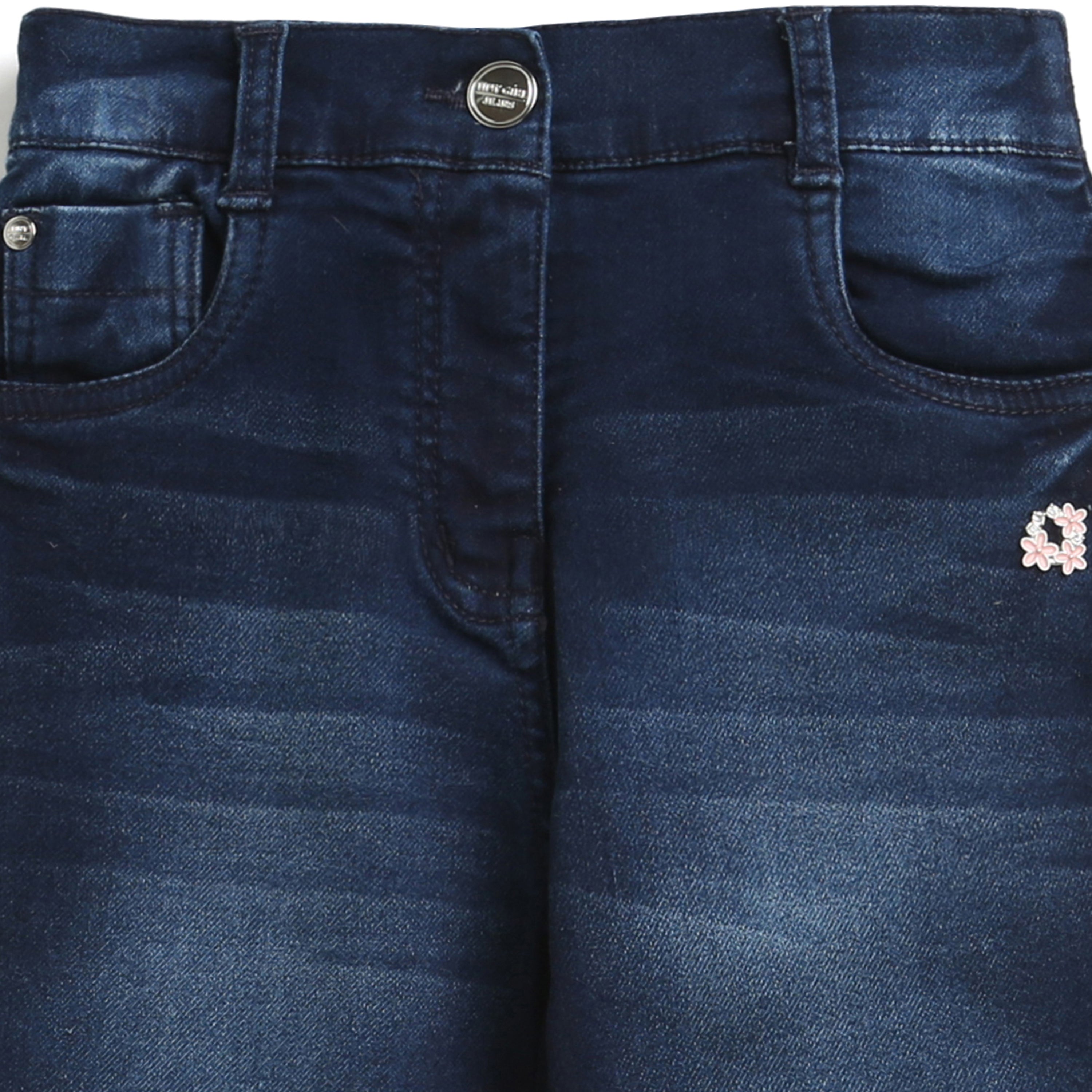 Blue Color Denim Pant Adorn With Peach Color Fancy Sticker