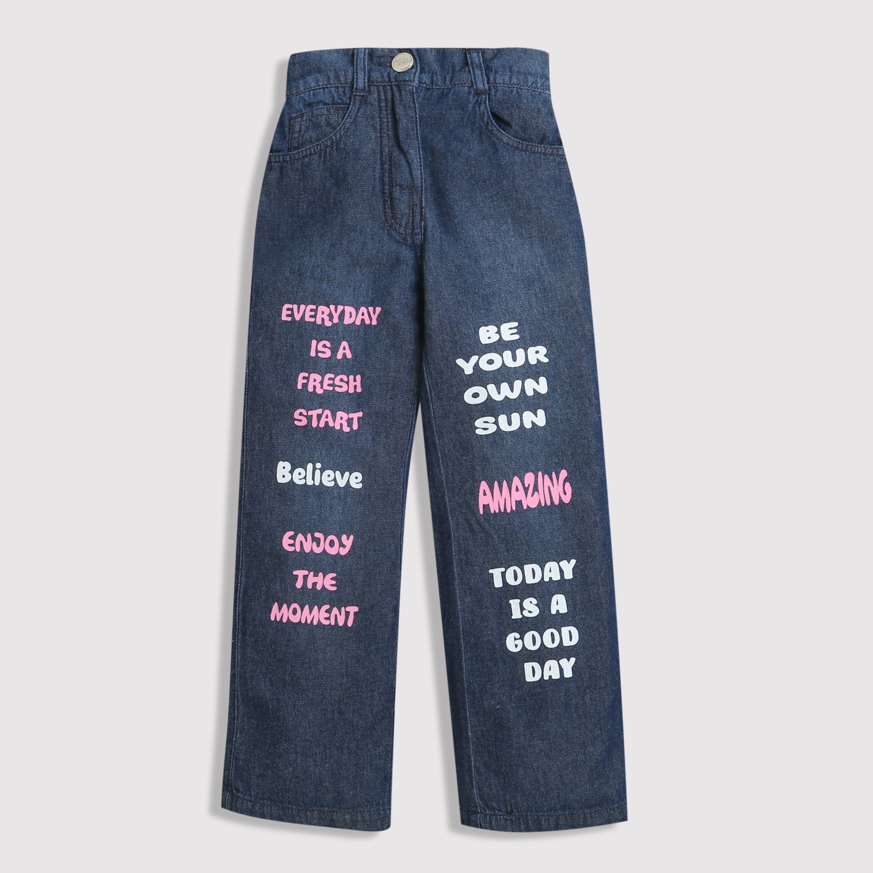 Wide Leg Denim Pant with Back Elastic & Pocket, Enhanced with Colorful Print