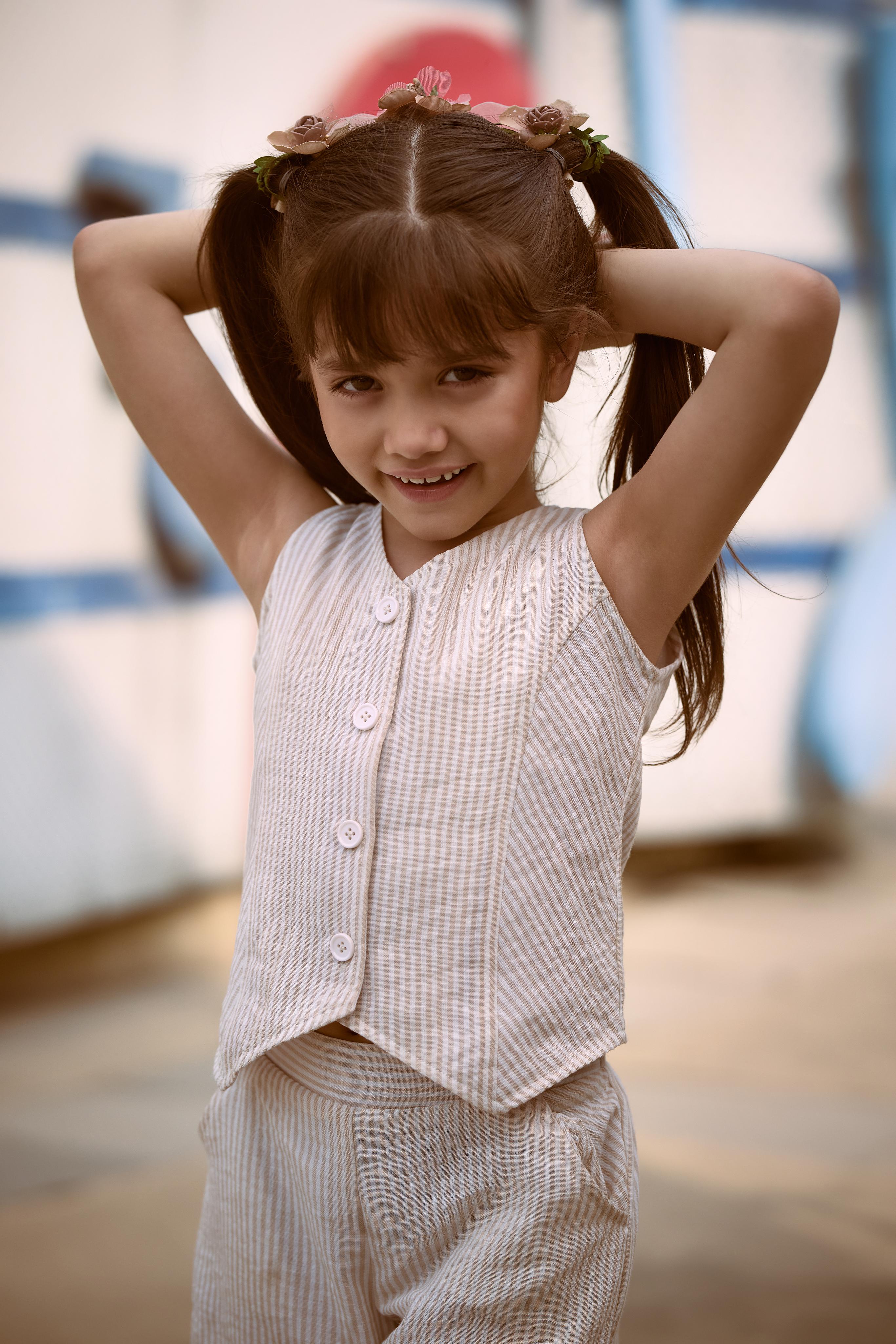 V-Neck Stripe Waist Coat Top & Shorts Set with Button Embellishments