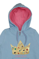 Tiny Girl Sky Blue Hooded Sweatshirt With Golden Crown Print