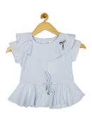 Tiny Girl Sky Blue Round Neck Half Sleeve Frill On Top