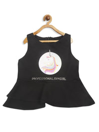 Tiny Girl Frill On Top Round Neck Sleeveless Black Top