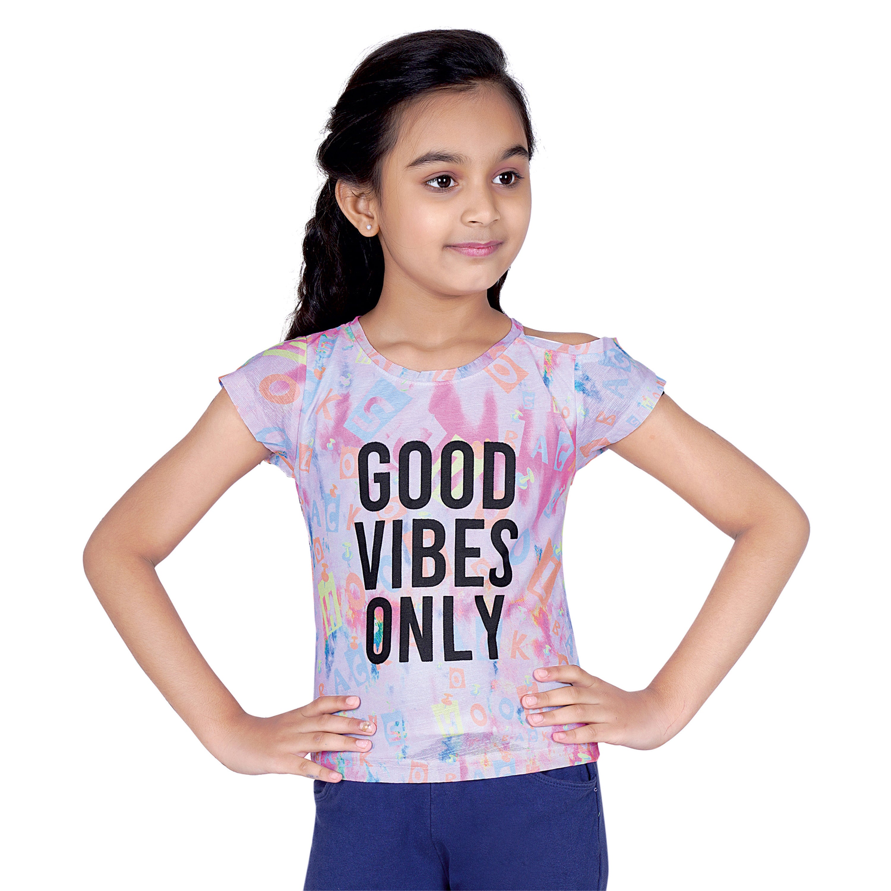 Tiny Girl Knitted Polyester Printed Hand Cap Sleeves Top