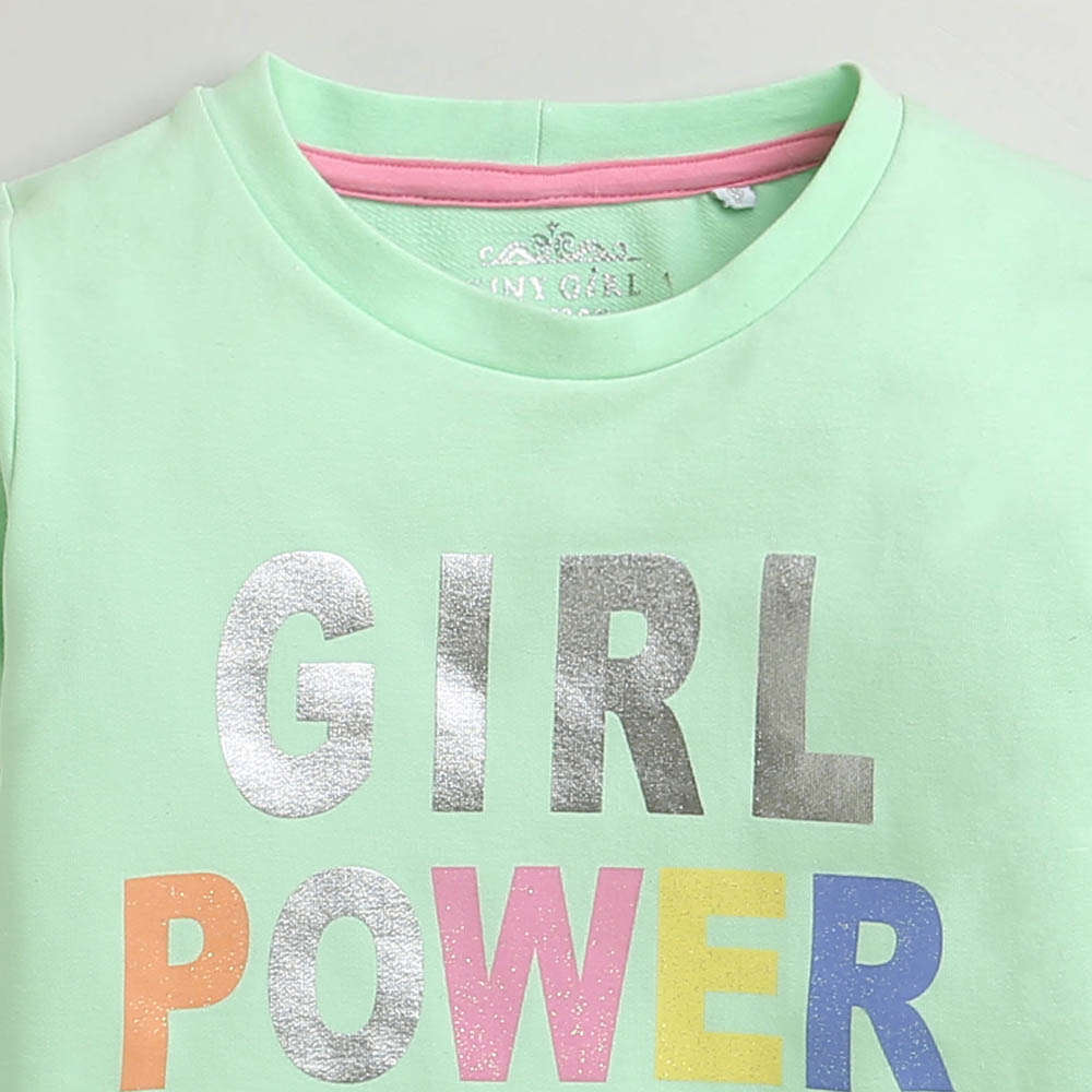 Tiny Girl L.Green T-shirt Round Neck Full Sleeve Silver Foil Color Print