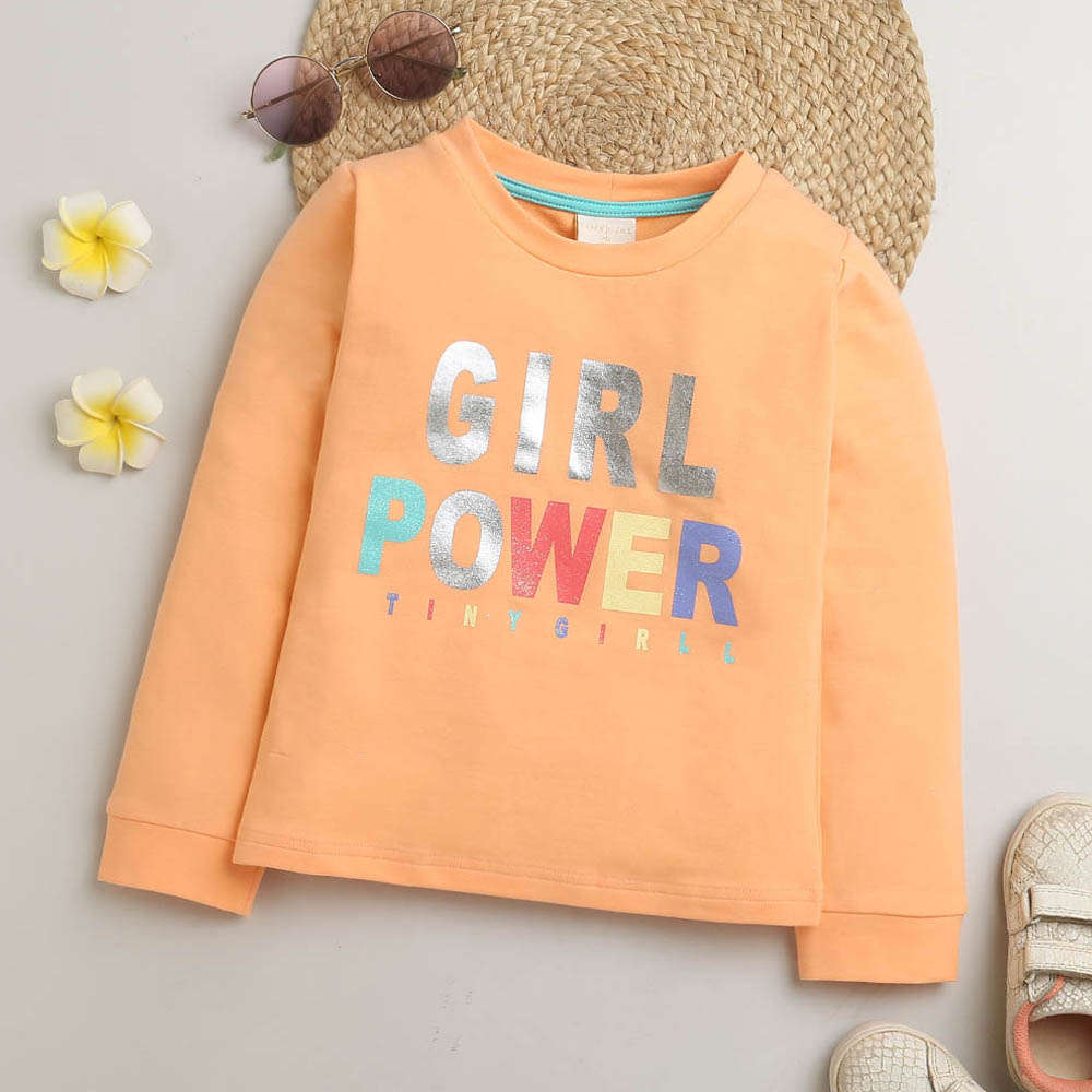 Tiny Girl Peach T-shirt Round Neck Full Sleeve Silver Foil Color Print