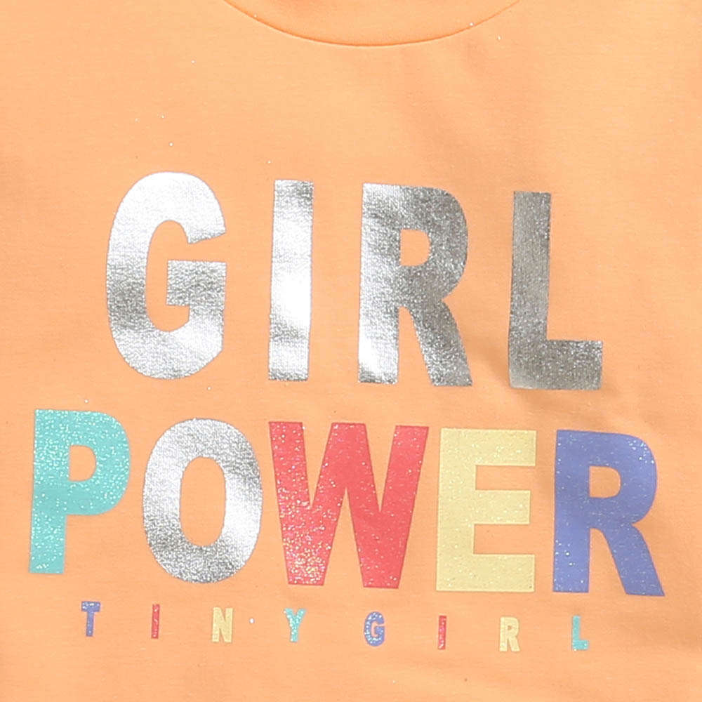 Tiny Girl Peach T-shirt Round Neck Full Sleeve Silver Foil Color Print