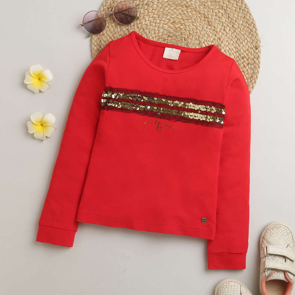 Tiny Girl Long Sleeved Red T-Shirt With Golden Sequins & Print On Front