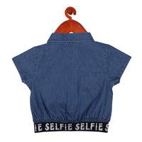 Blue Color Denim Shirt  Adorn With Elastic Printed Tape At Bottom Hem