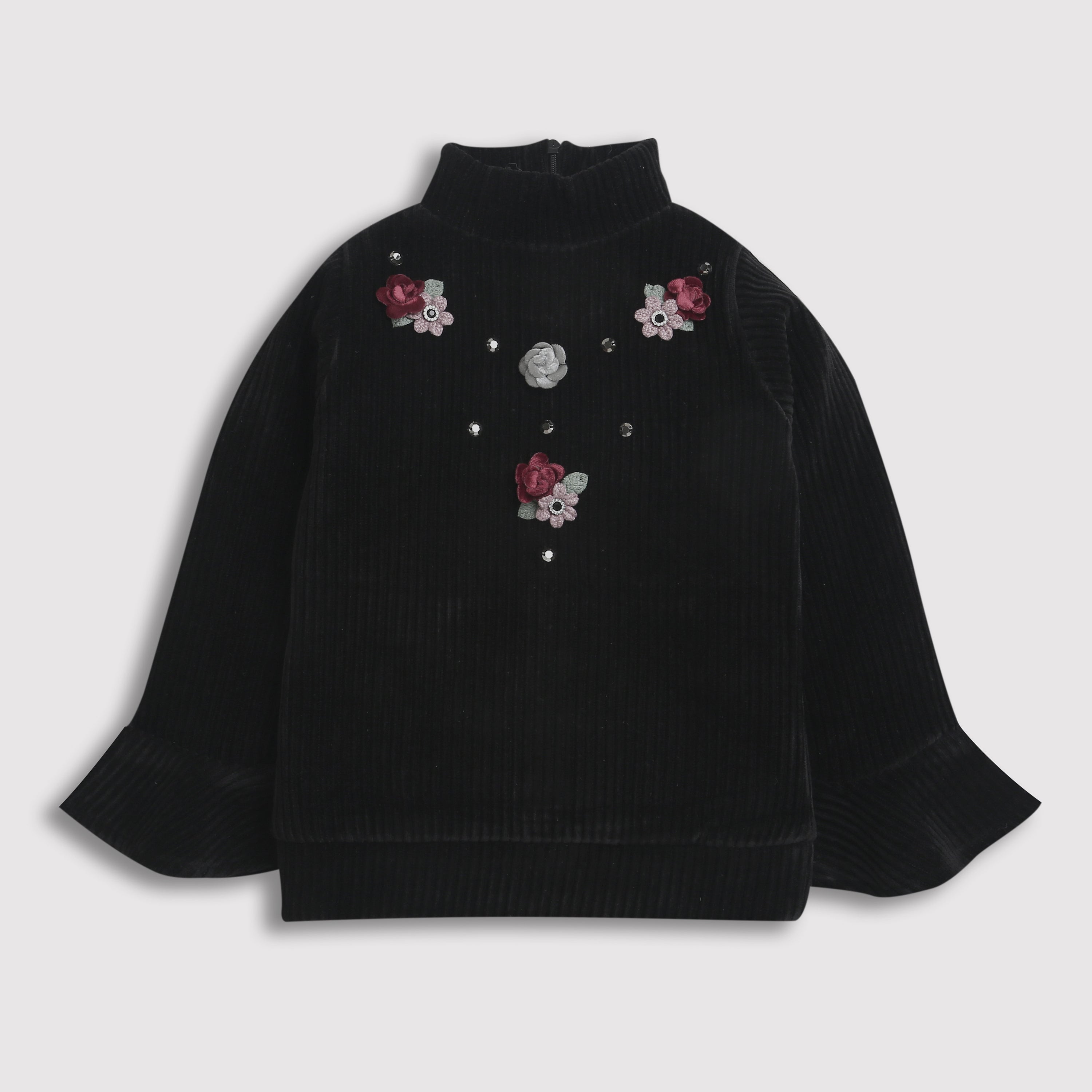 Tiny Girl High Neck Flare Sleeves Wone Top Adorn With Flower Work