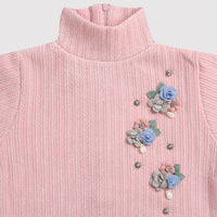 Tiny Girl High Neck Full Sleeves Self Textured Pink Knitted Top