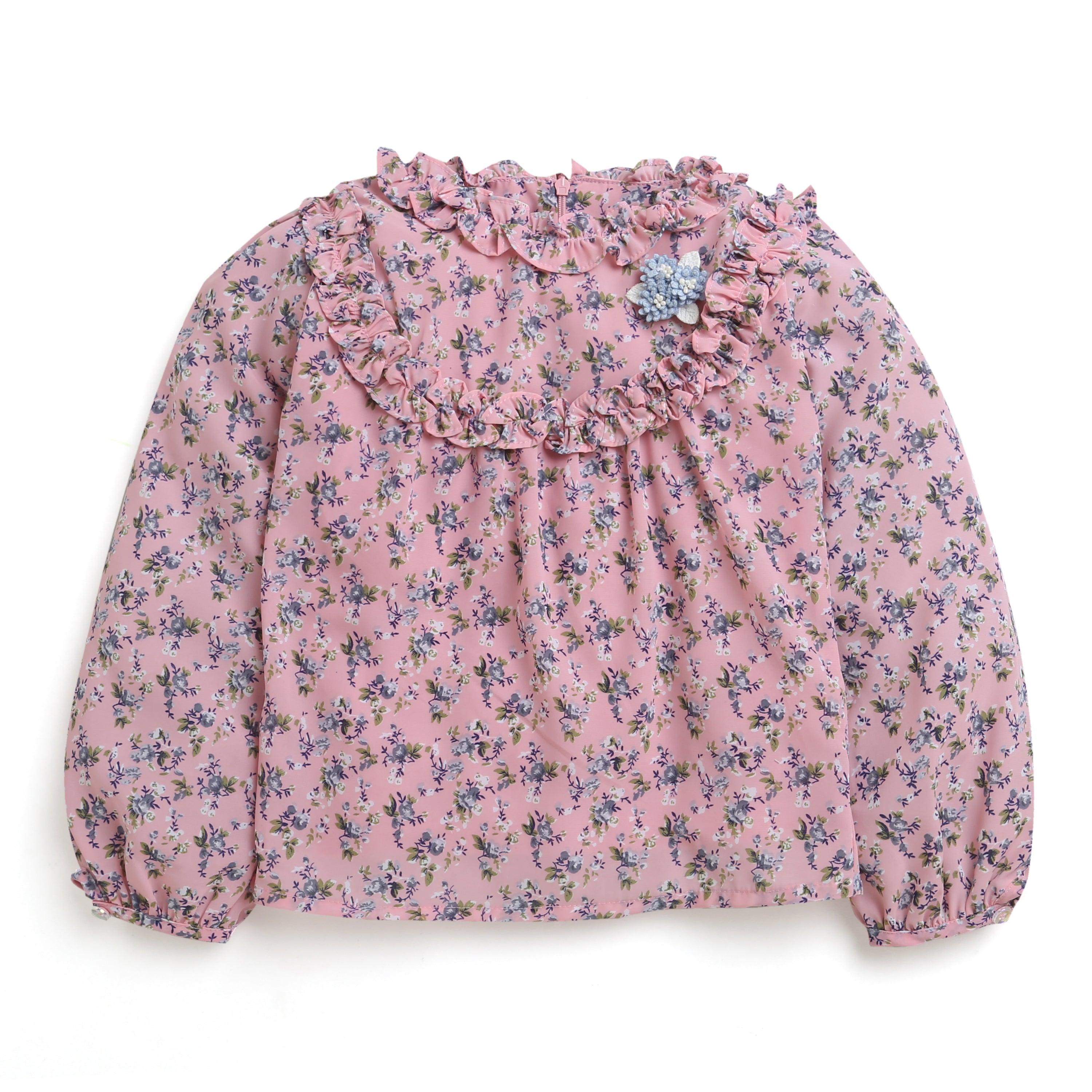 Tiny Girl Pink Full Sleeves Printed Top With Frill On Neck