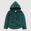 Tiny Girl Green Self Stripe Velvet Hoodie Shirt With Full Sleeve & Two Pocket In Front