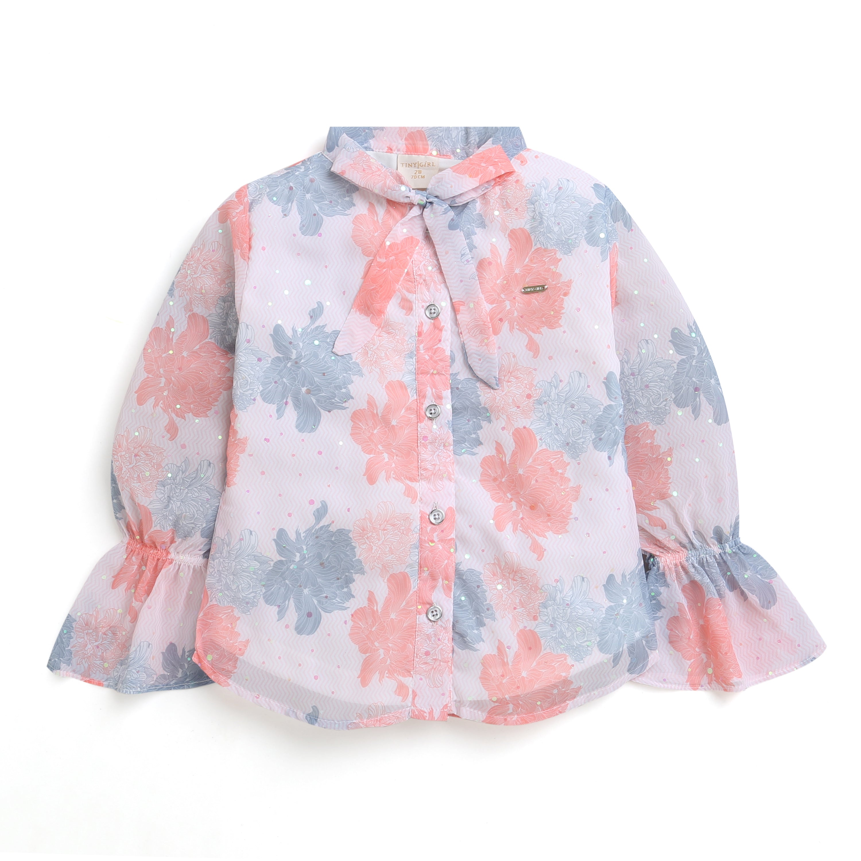 Tiny Girl Stand Collar Peach Printed Top Full Elastic Sleeves& Trendy Collar