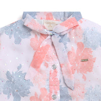 Tiny Girl Stand Collar Peach Printed Top Full Elastic Sleeves& Trendy Collar