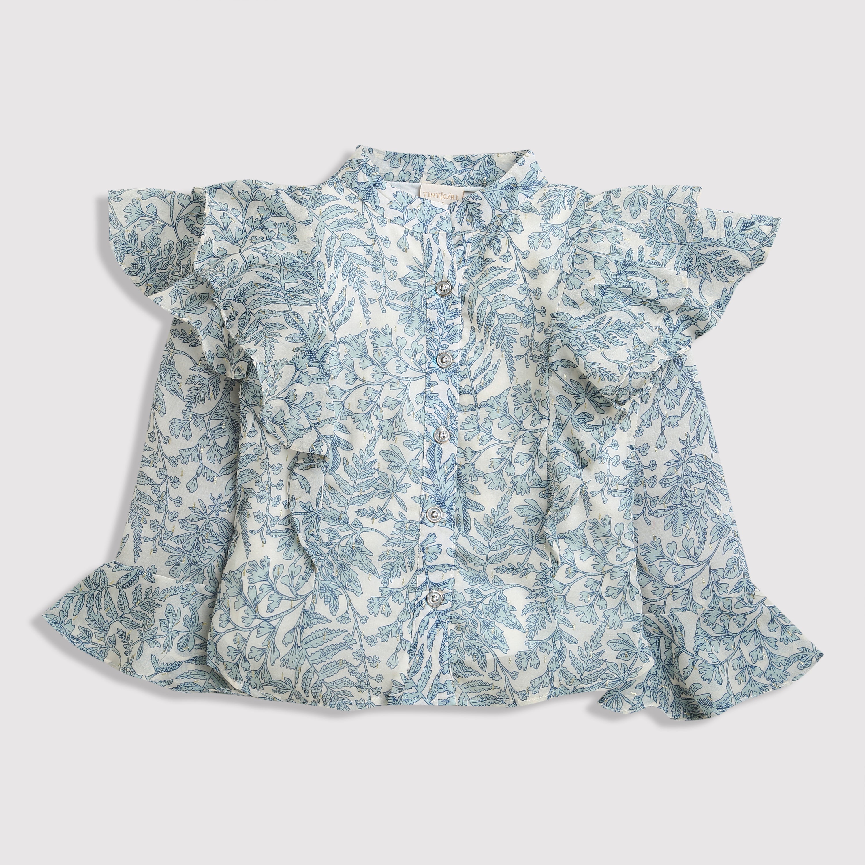 Blue Printed Shirt with Stand Collar, Full Bell Sleeves, and Frill Pattern on Shoulders