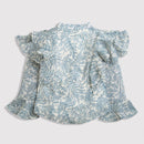 Blue Printed Shirt with Stand Collar, Full Bell Sleeves, and Frill Pattern on Shoulders