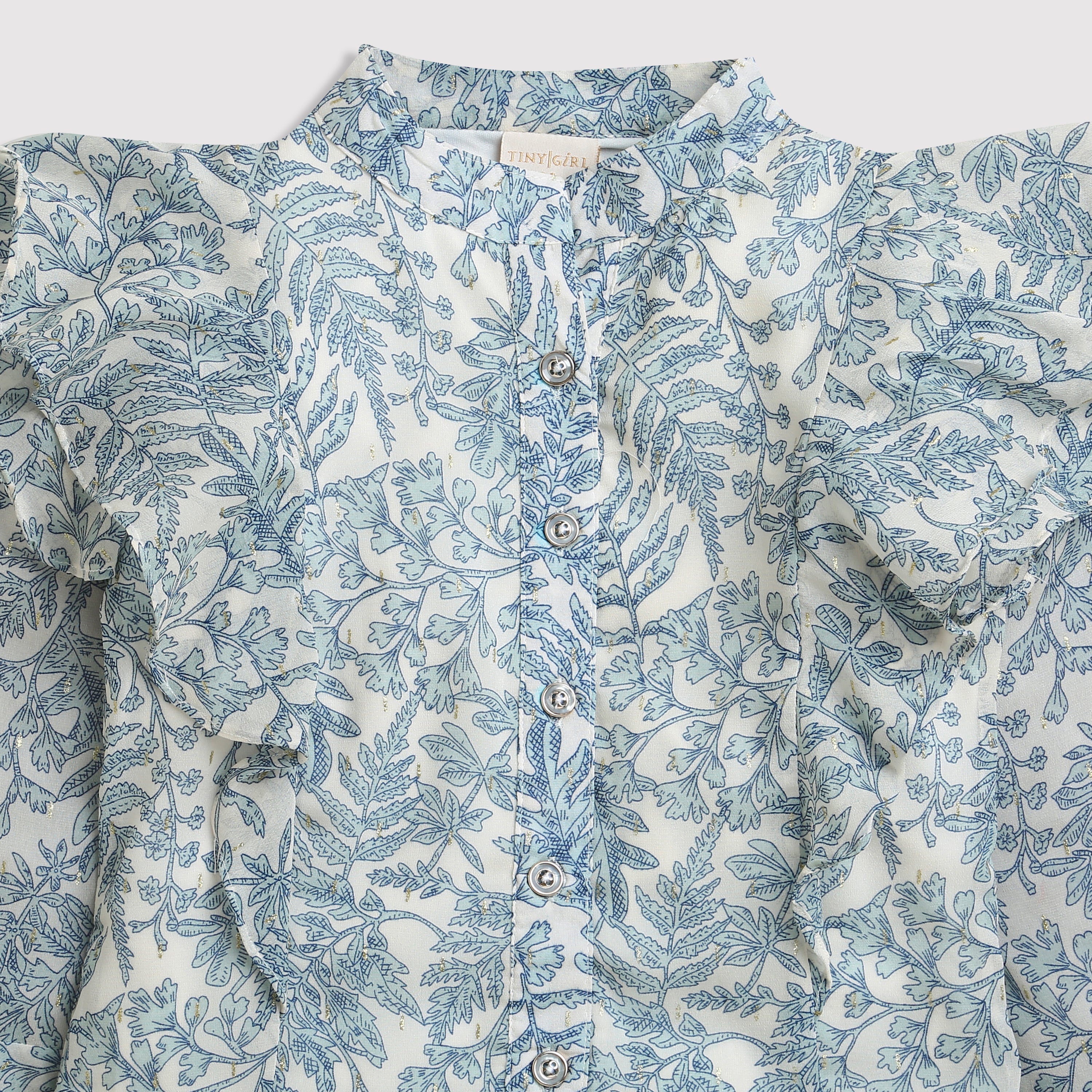 Blue Printed Shirt with Stand Collar, Full Bell Sleeves, and Frill Pattern on Shoulders