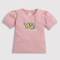 Tiny Girl Round Neck Peach Colored Sequence Design & Foil Sticker