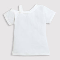 Tiny Girl One Shoulder Stylish Bow & Foil Sticker Off White Top