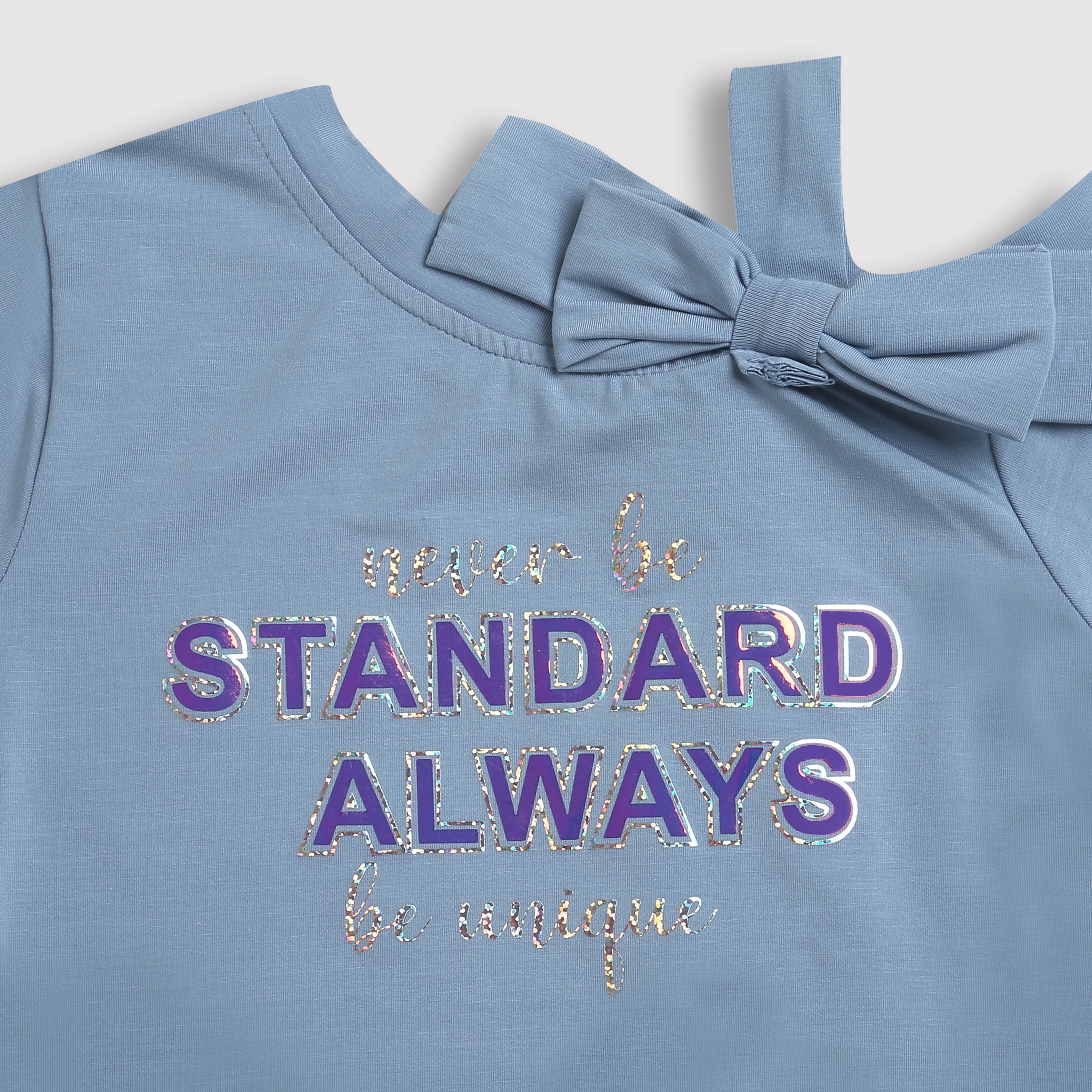 Tiny Girl One Shoulder Stylish Bow & Foil Sticker T Blue Top