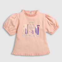 Tiny Girl Puff Sleeve Top With Pleated Frills & Exquisite Foil Stiches