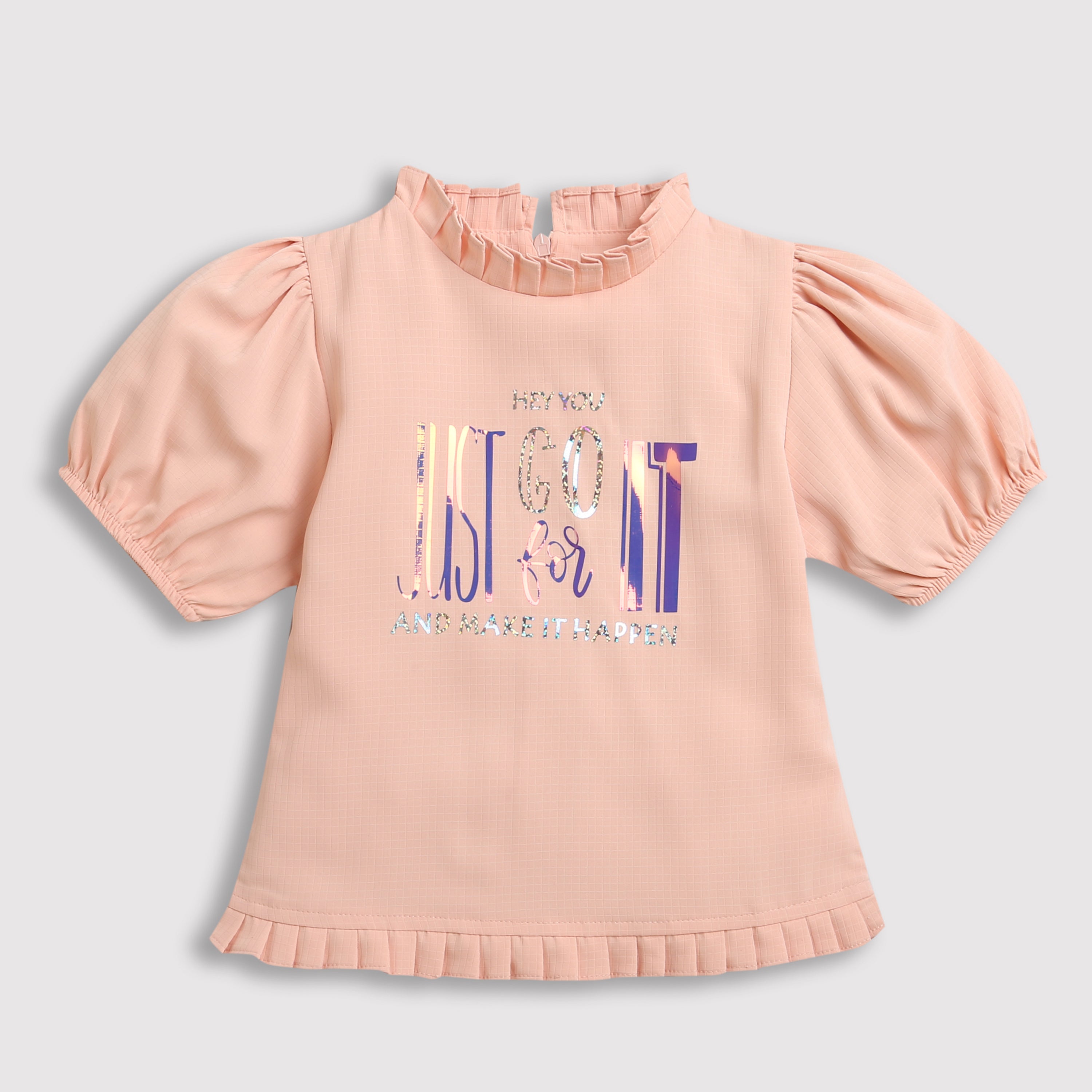 Tiny Girl Puff Sleeve Top With Pleated Frills & Exquisite Foil Stiches