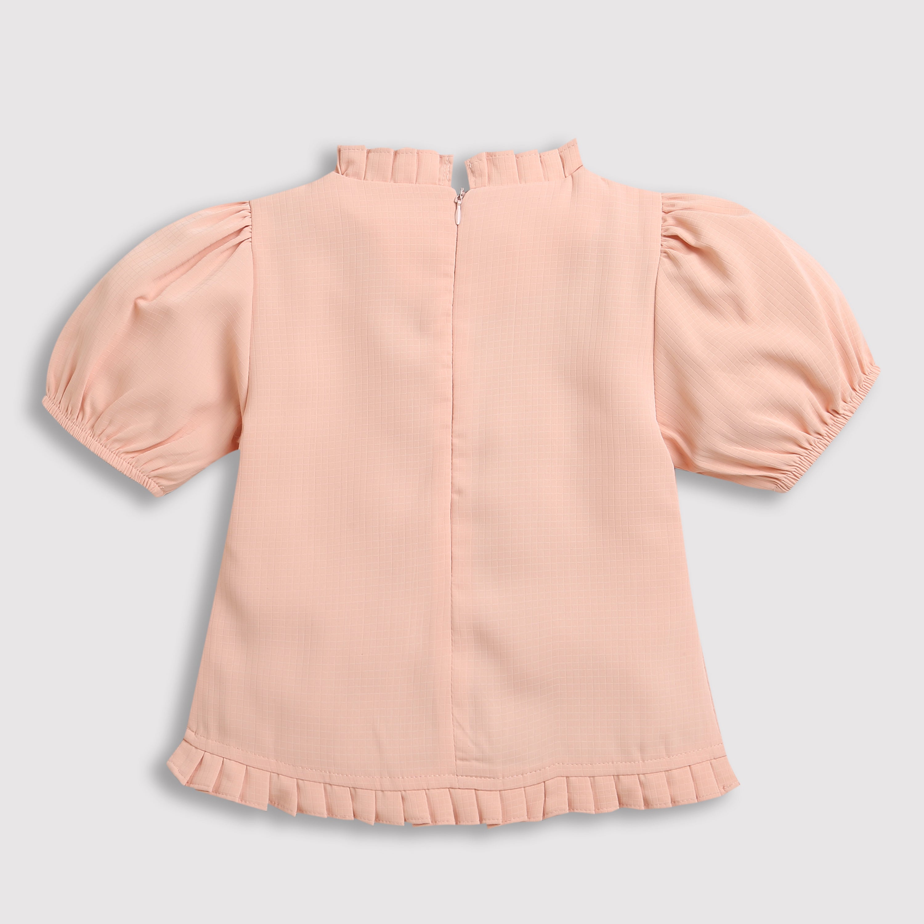 Tiny Girl Puff Sleeve Top With Pleated Frills & Exquisite Foil Stiches