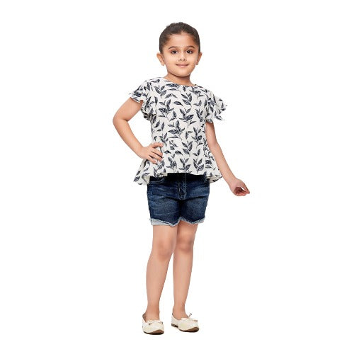 Tiny Girl Half Sleeves Leaf Printed  Top  - Blue