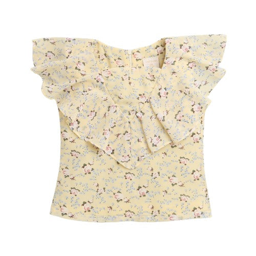 Tiny Girl Floral With Frill Square Neck Top - Lemon