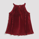 Tiny Girl Round Neckline Pleated Marron Top With Detachable Brooch