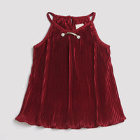 Tiny Girl Round Neckline Pleated Marron Top With Detachable Brooch