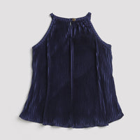 Tiny Girl Round Neckline Pleated Navy Blue Top With Detachable Brooch