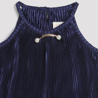 Tiny Girl Round Neckline Pleated Navy Blue Top With Detachable Brooch