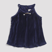 Tiny Girl Round Neckline Pleated Navy Blue Top With Detachable Brooch