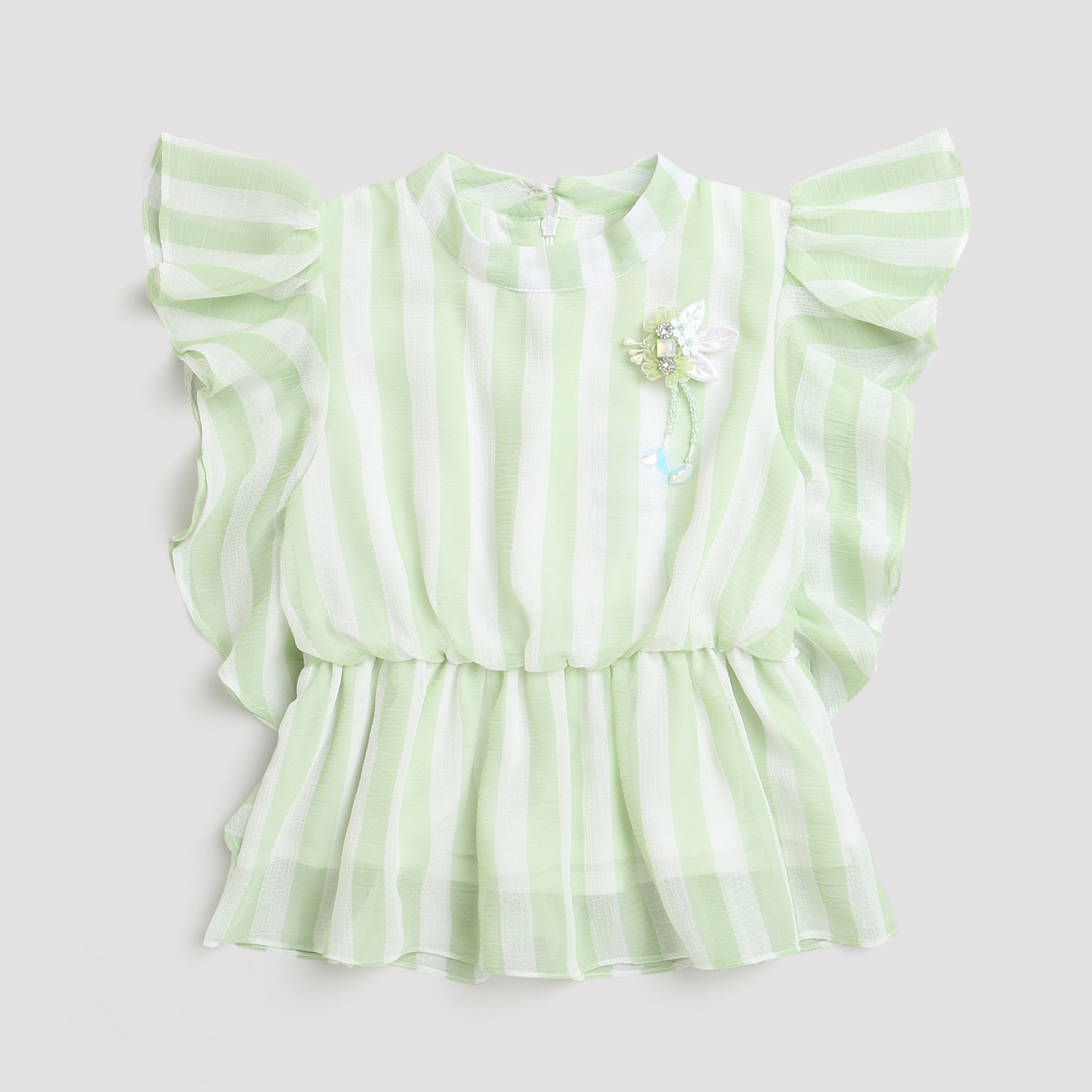 Tiny Girl Round Neck Stylish Ruffle Sleeves & Unique Broach