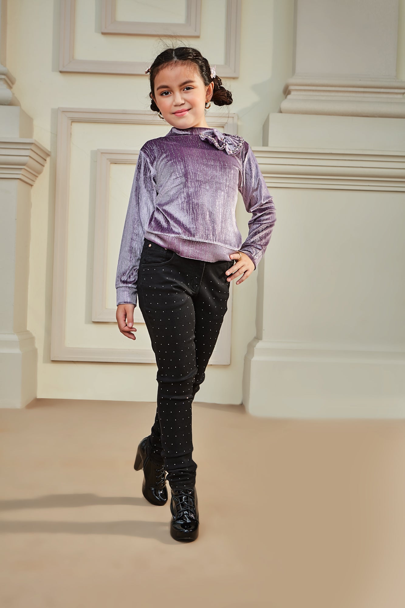 Tiny Girl Velvet Collar Top with Full Sleeves & Bow Detail