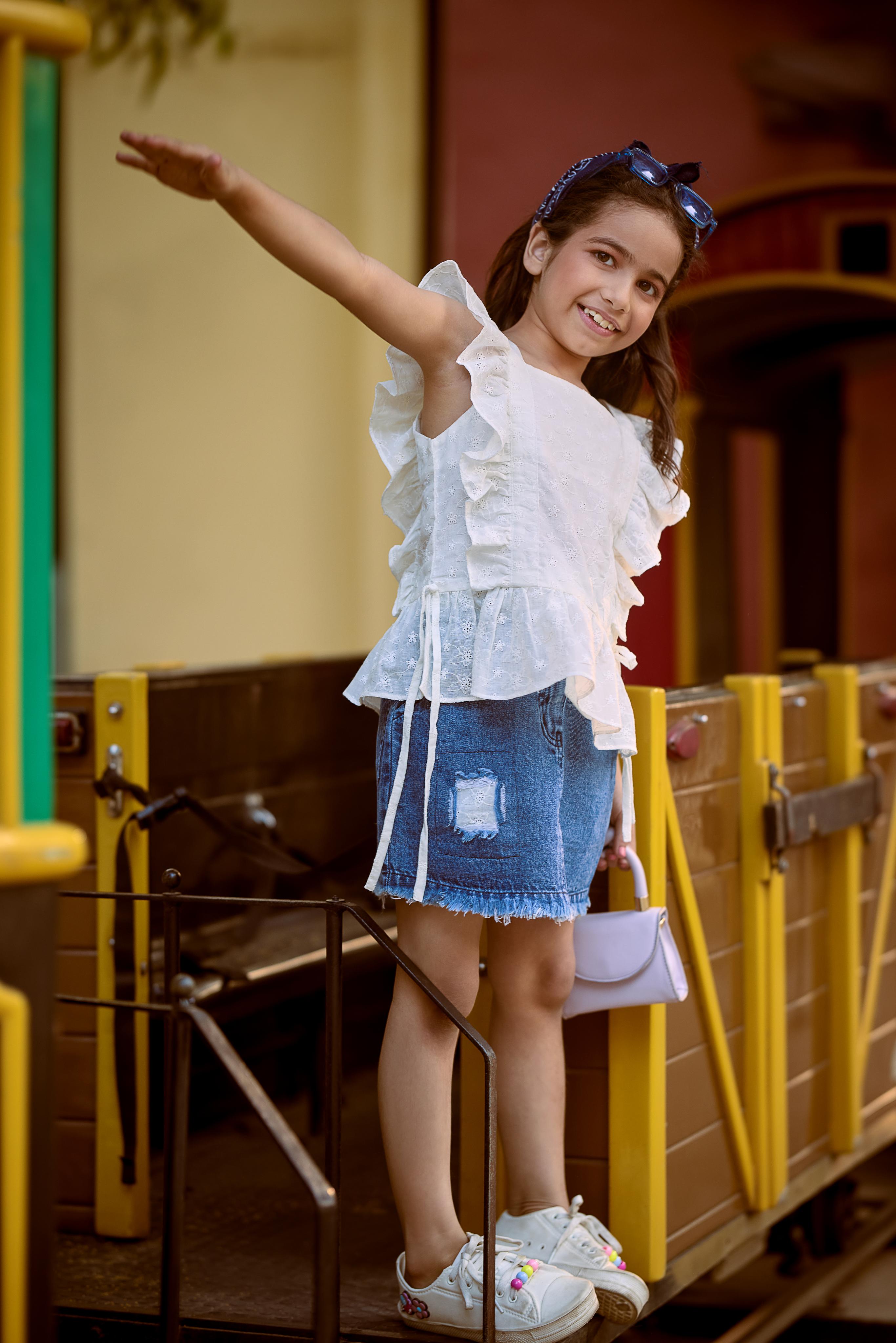 Embroidered Cotton Top with Square Neck, Frills, and Knot Design