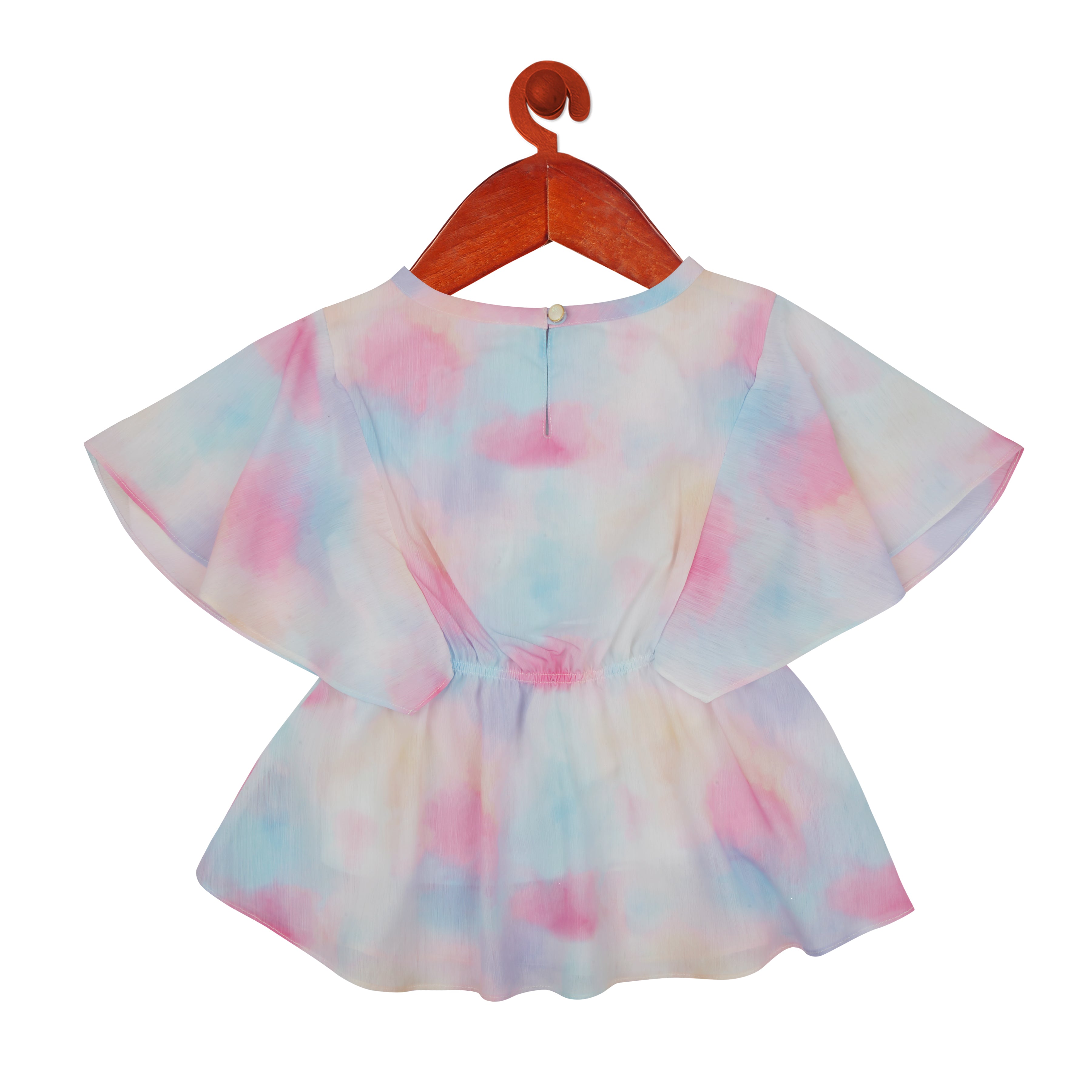 Tiny Girl Round Neck Flutter Sleeves Tie Dye Print Top