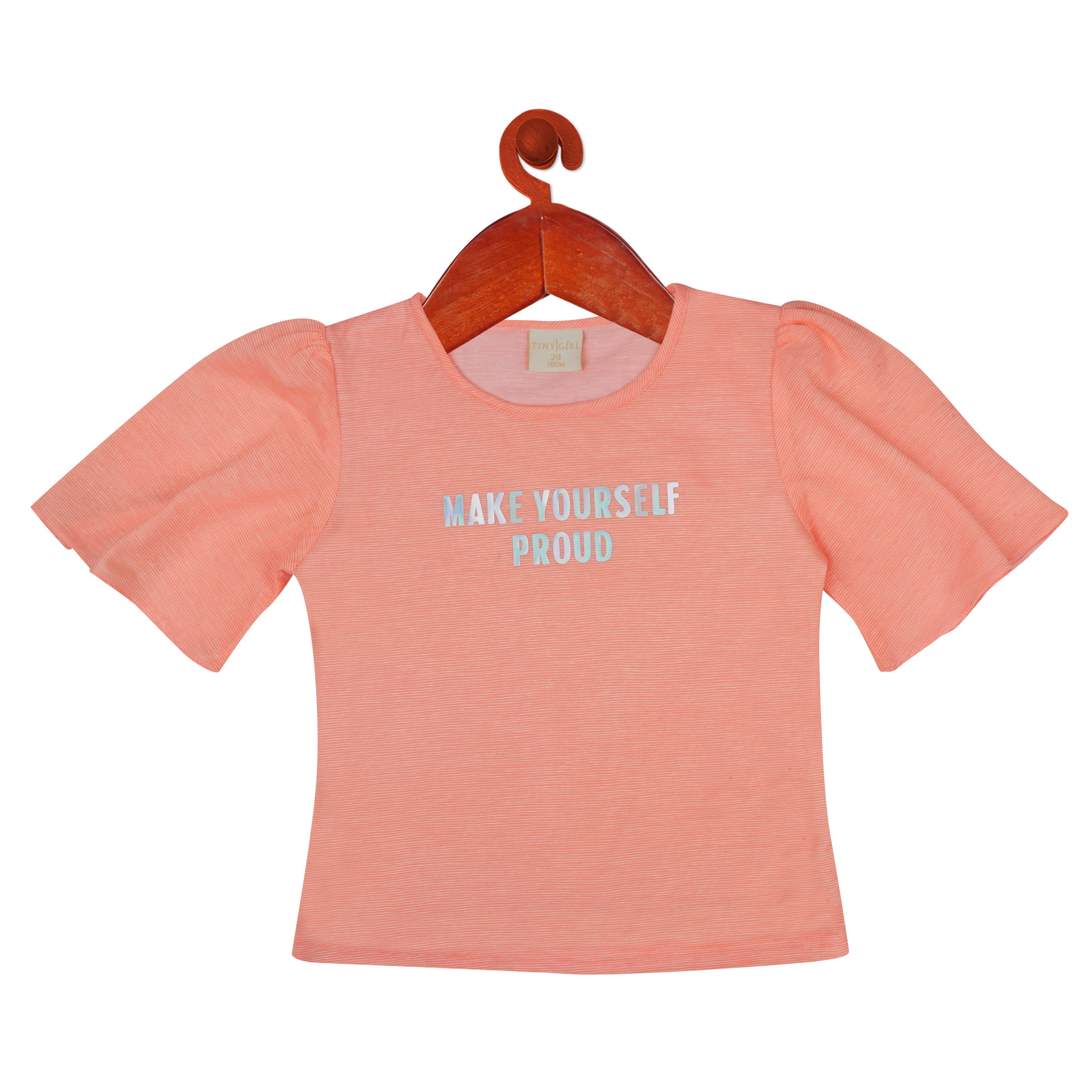 Tiny Girl Round Neck Bright Neon Orange Striped Sleeve Detailed Top