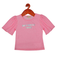 Tiny Girl Round Neck Bright Neon Pink Striped Sleeve Detailed Top