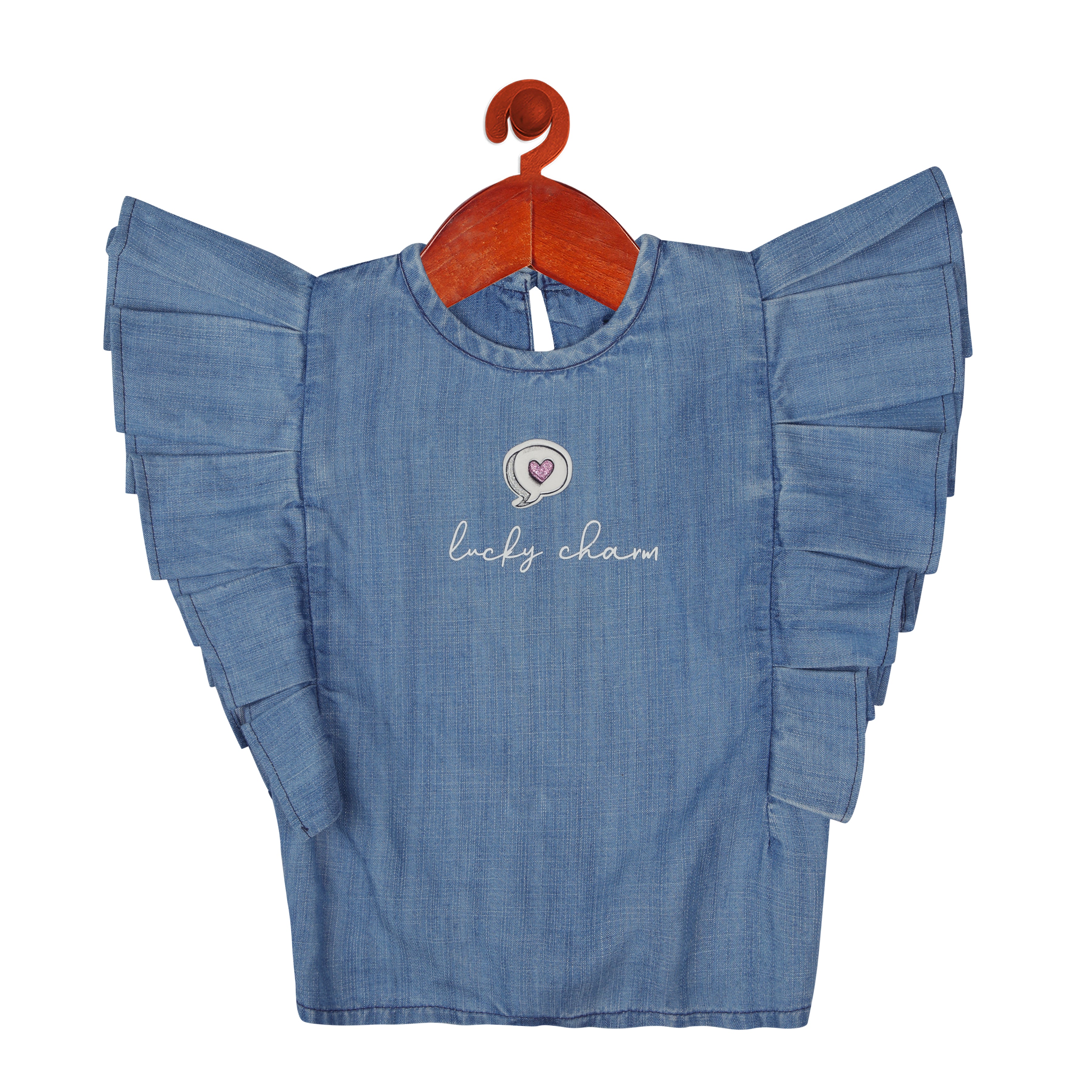 Tiny Girl Round Neck Box Pleated Sleeves Light Weight Denim Top