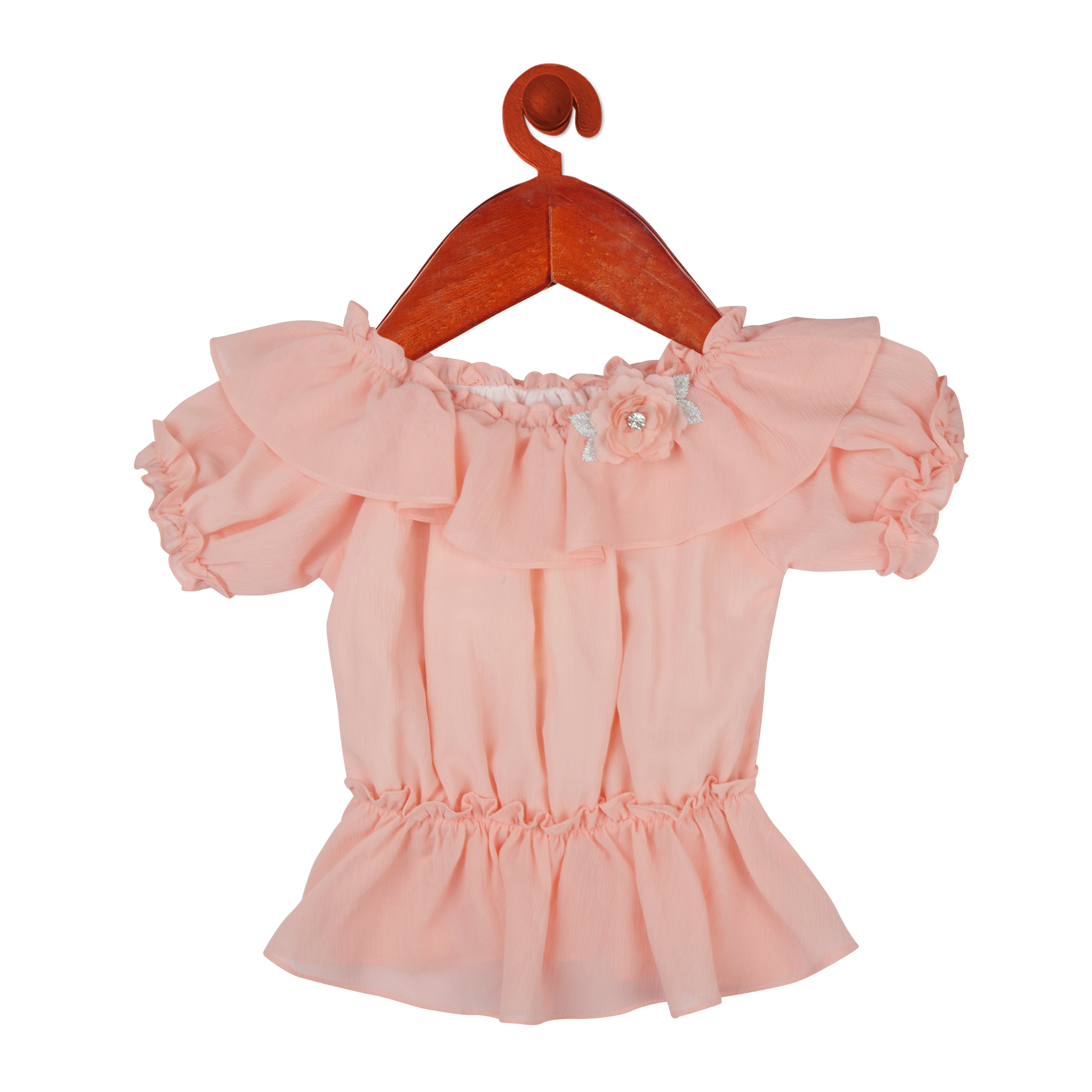 Tiny Girl Round Neck With Frill & Cap Sleeve Top With Fancy Brooch